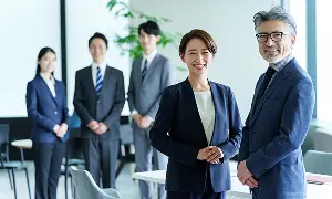 オフィスで笑顔のビジネスパーソンたち